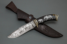 Нож Скиф (Дамасская сталь, Граб, Инкрустация медведь, Резьба, Мельхиор)